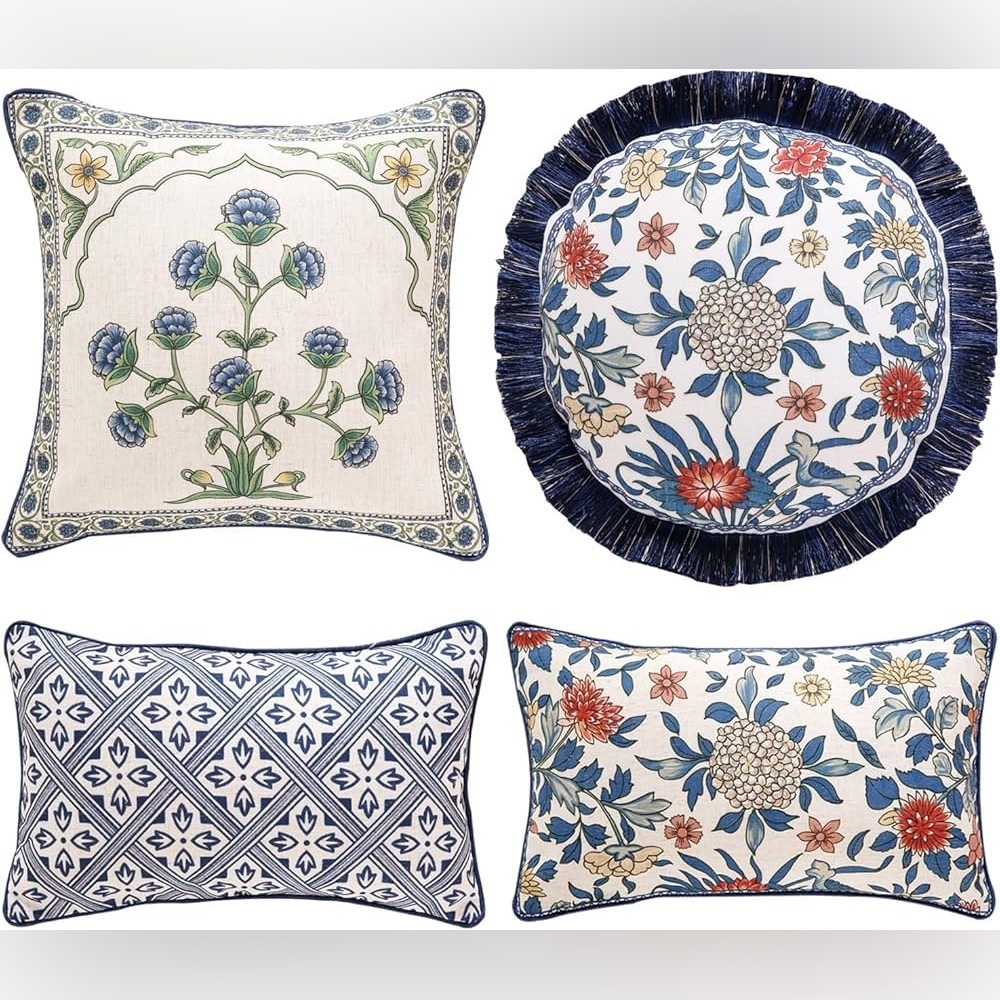 patdrea Floral Linen Throw Pillow Covers,Blue French Cottage Flower Car,Set of4